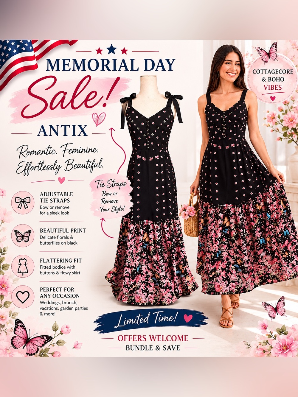 Antix Brazil Butterfly Floral Maxi Dress M Romantic Cottagecore Boho Fairy